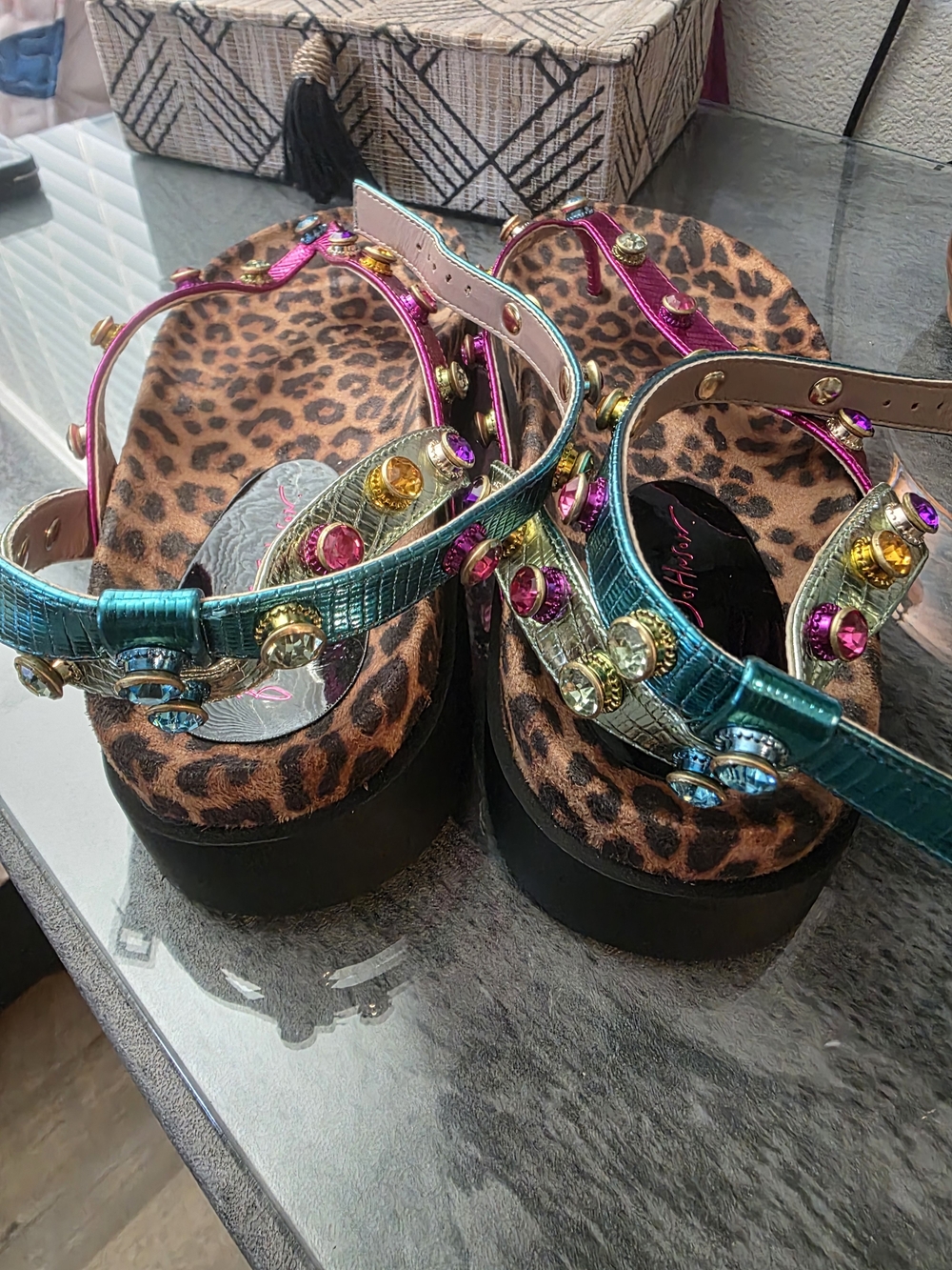 Betsey Johnson Multicolor Metallic Gem Leopard-Print Platform Sandals - Picture 4 of 6